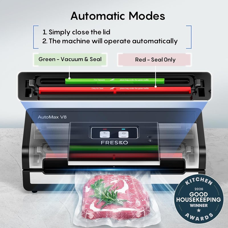 Fresko Fully Automatic Vacuum Sealer, 95Kpa Powerful Food Vacuum Sealer Machine, Auto Dry-Wet Detection | Bag Cutter | 2 Rolls Bags & 100 Pcs Precut Bags | Effortless Operation, Silver - Black - Image 2